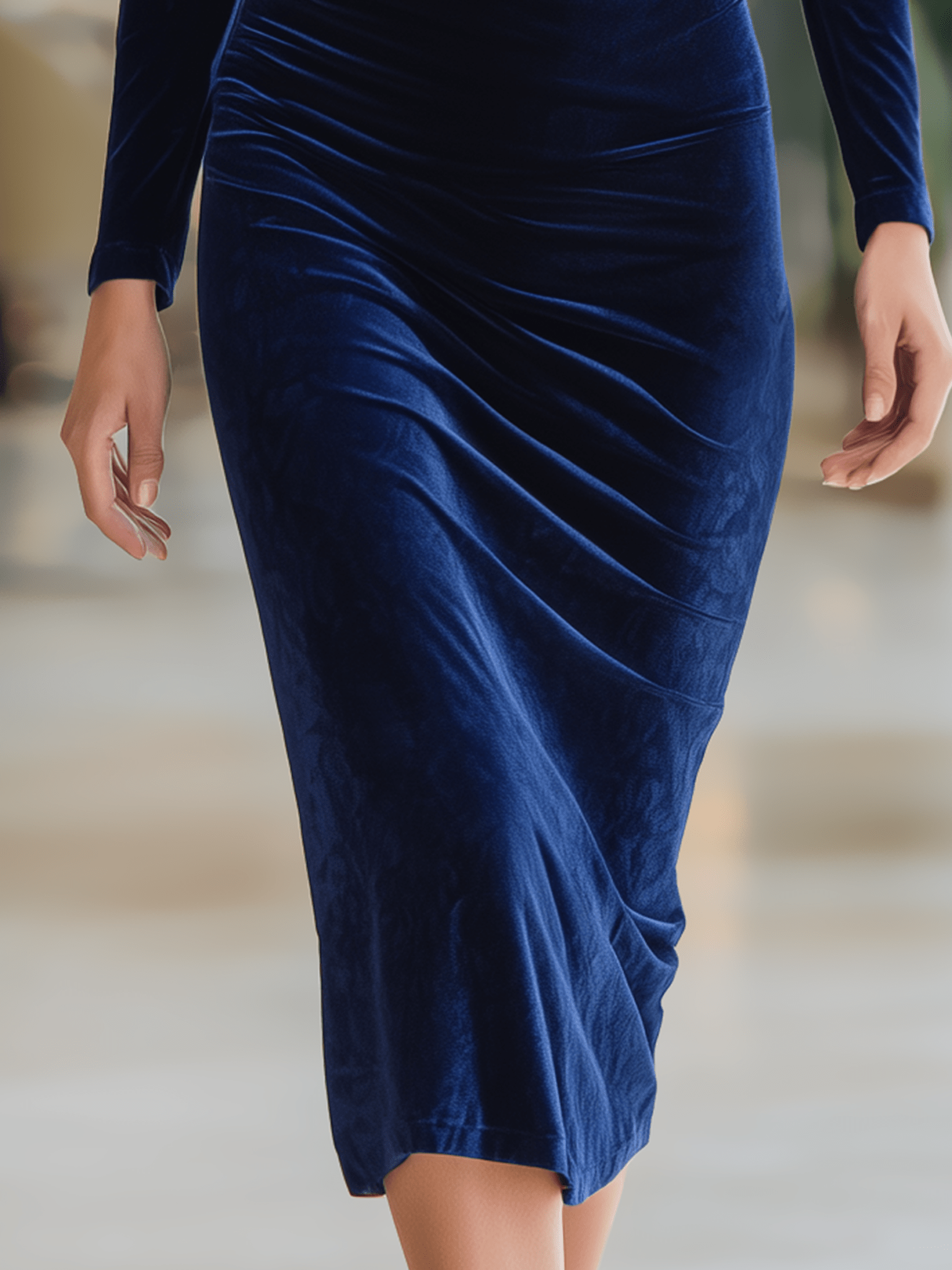 VESTIDO LARGO DE TERCIOPELO AZUL MARINO CON CUELLO ALTO Y ENCAJE - VALERINA MARBELLA