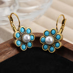 PENDIENTES VINTAGE STYLE TURQUESA Y PERLES FLOR
