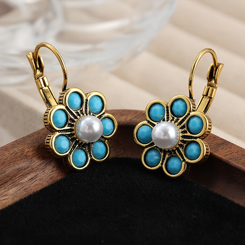 PENDIENTES VINTAGE STYLE TURQUESA Y PERLES FLOR