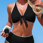 Stylish Color-blocked Trim High-waisted Two-piece Stretch Bikini Swimsuit