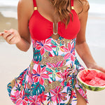 Plant-print Hollowed-out U-shaped Metal-decorated Elastic One-piece Swimsuit