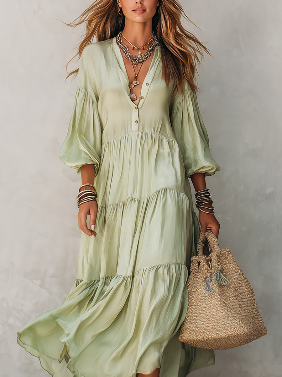 French-style Light Green Layered Dress With Puff Sleeves
