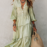 French-style Light Green Layered Dress With Puff Sleeves