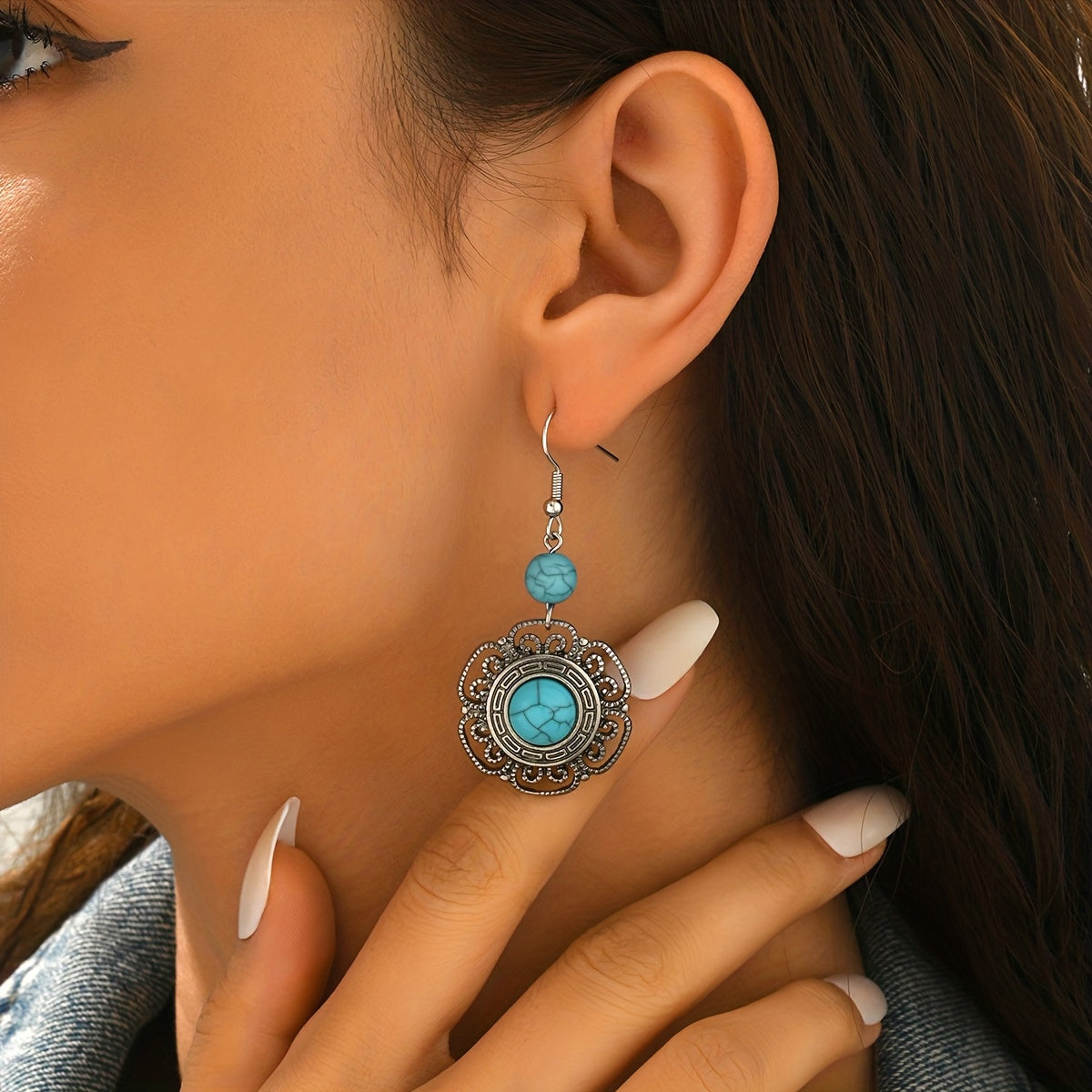PENDIENTES BOHEMIO FILIGRANE FLOR EN FORME DE TURQUESA GOTA