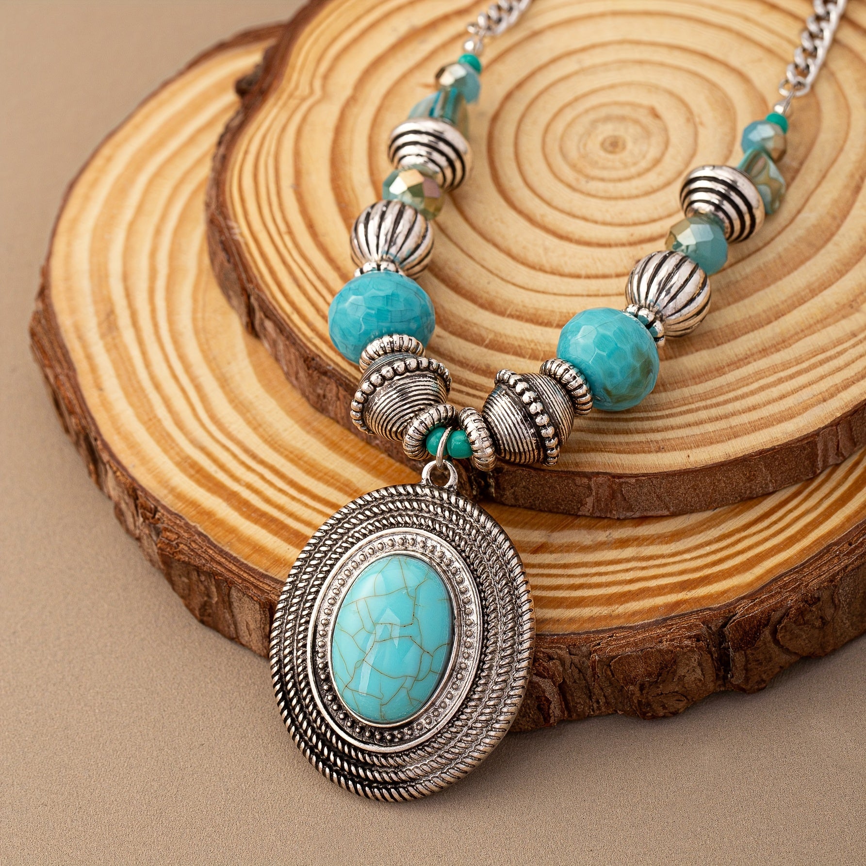 COLLAR BOHEMIO ÓVALO TURQUESA PERLÉ COLGANTE
