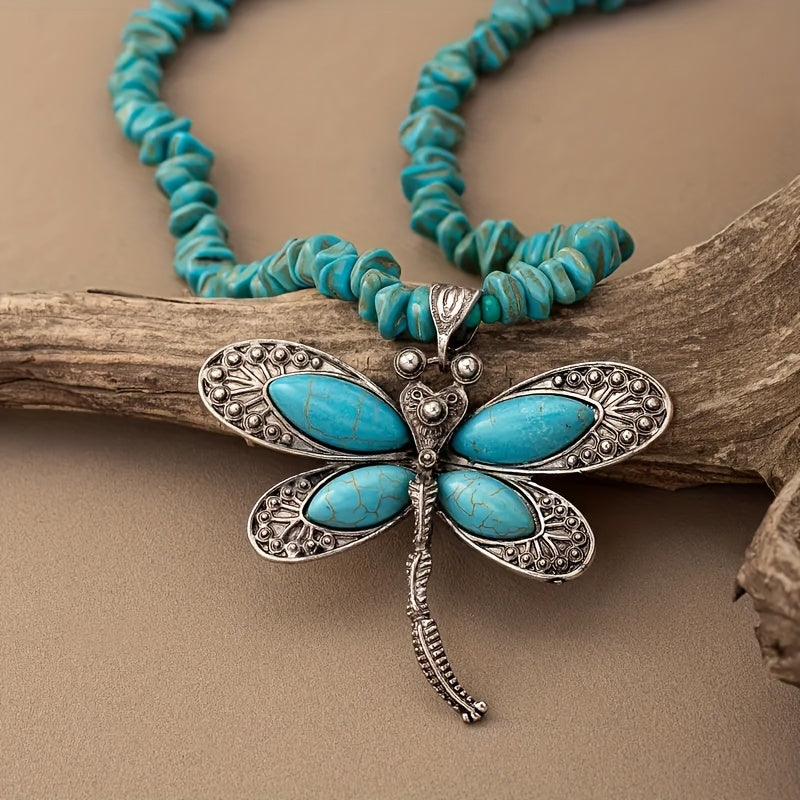 COLLAR VINTAGE BOHEMIO TURQUESA PERLÉ LIBÉLULA COLGANTE