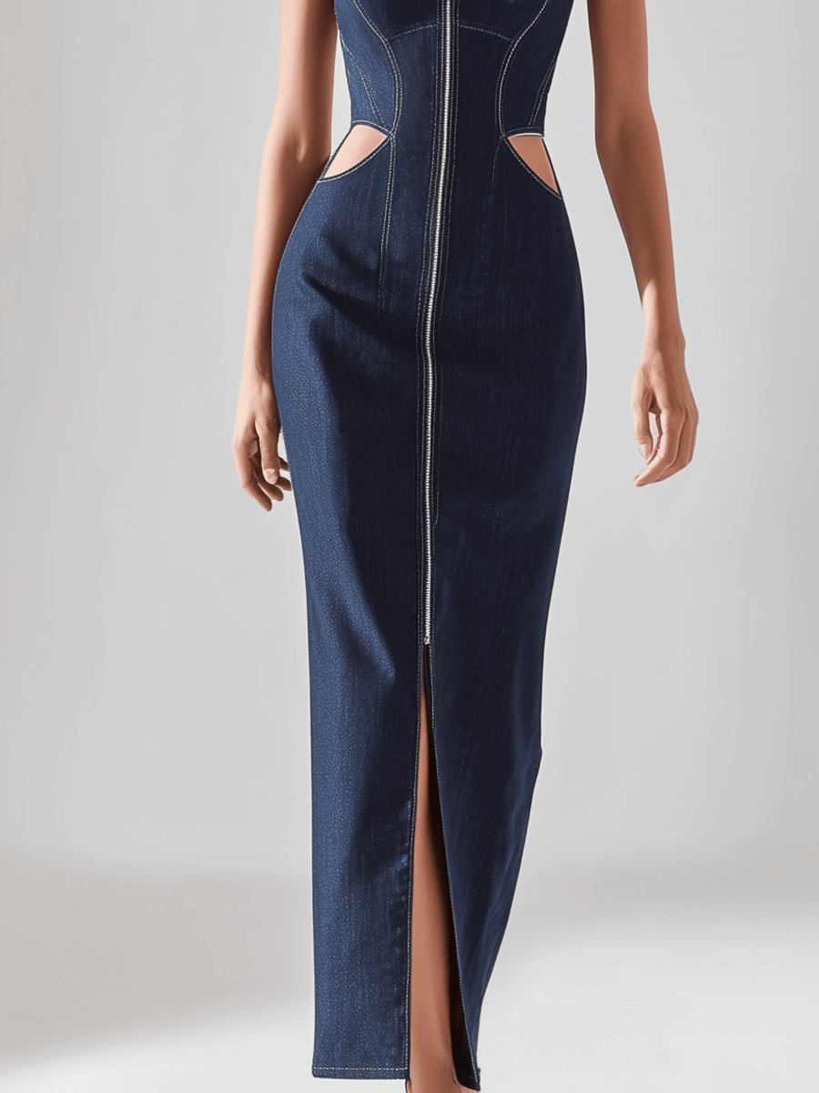 VESTIDO MAXI VAQUERO ENTALLADO CON CREMALLERA FRONTAL - VALERINA MARBELLA