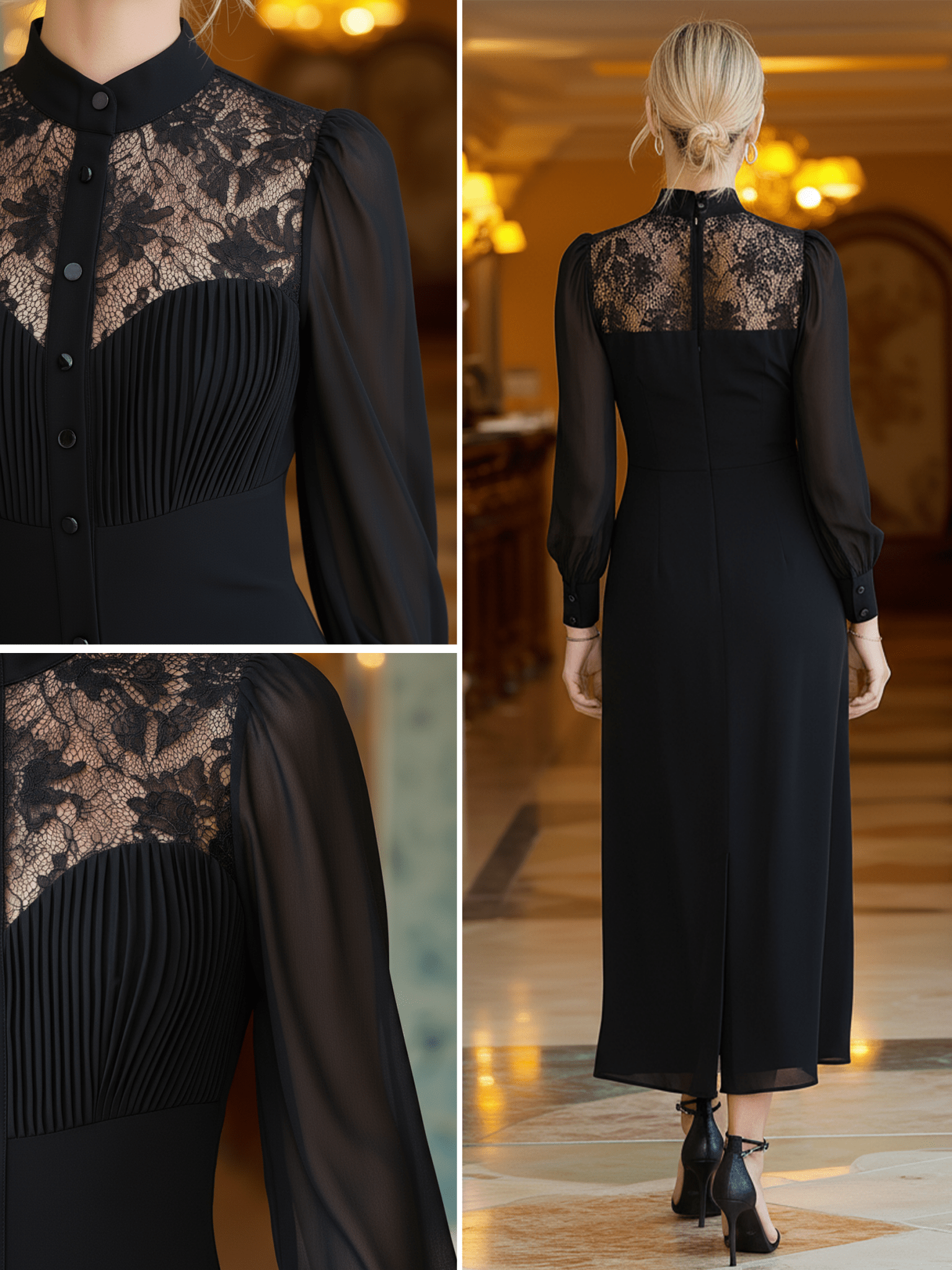 VESTIDO LARGO NEGRO CON BOTONES FRONTALES - VALERINA MARBELLA