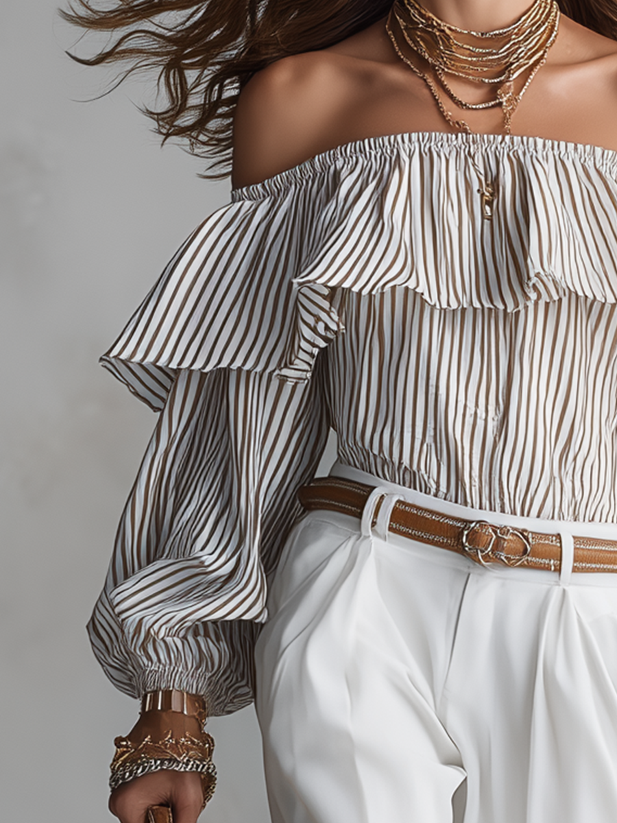 Romantic Off-Shoulder Striped Ruffle Blouse