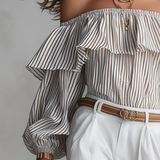 Romantic Off-Shoulder Striped Ruffle Blouse