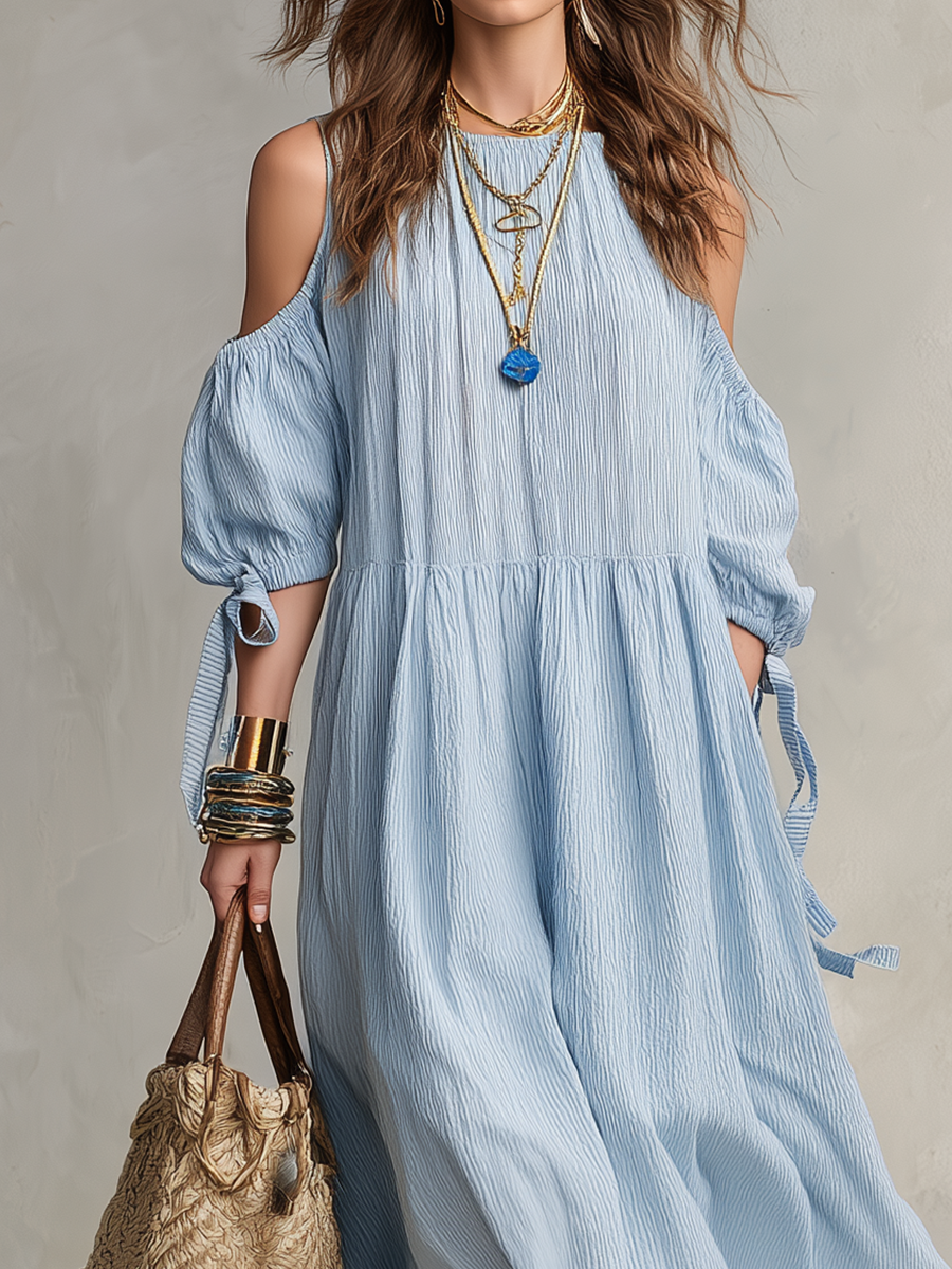 Airy Cold-Shoulder Textured Midi Dress