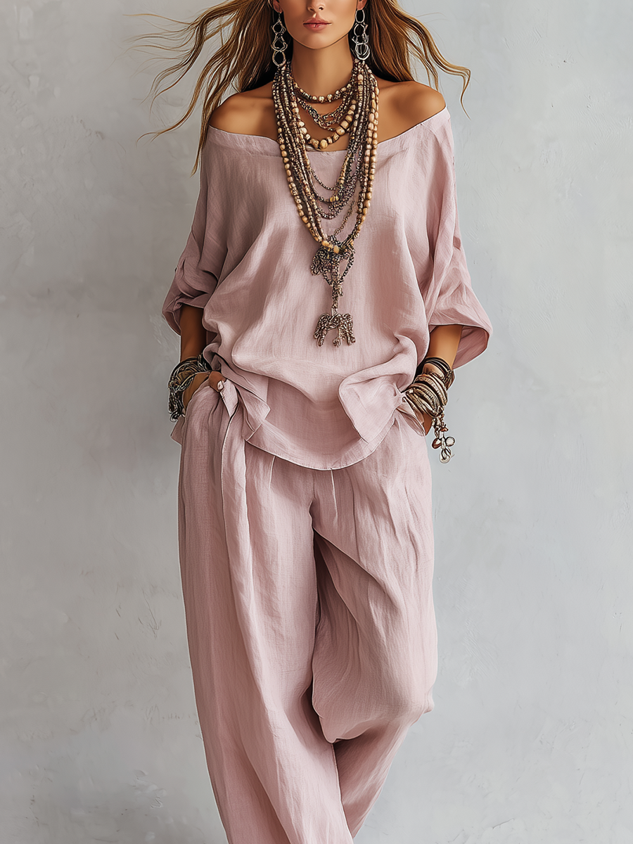 Casual Light Pink Linen Wide-leg Pants Set