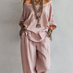 Casual Light Pink Linen Wide-leg Pants Set