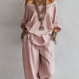 Casual Light Pink Linen Wide-leg Pants Set