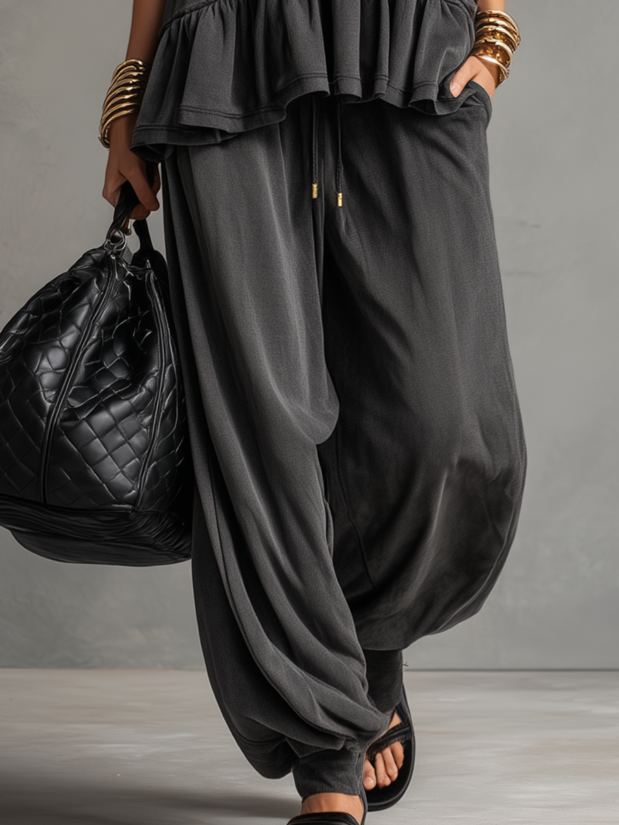 Relaxed Ruffled Tank & Harem Pant Set In Charcoal