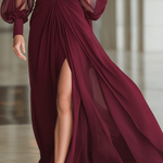 VESTIDO LARGO BURDEOS DE CHIFÓN CON CUELLO ALTO - VALERINA MARBELLA