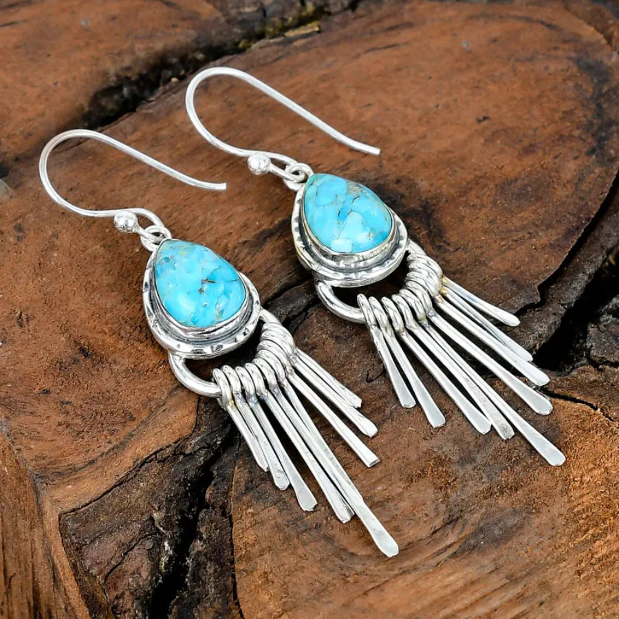 PENDIENTES VINTAGE BOHEMIO ZINC ALLIAGE POMPON DESIGN TURQUESA LARGO