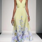 Light Blue Floral Chiffon V Neck Sleeveless A-Line Maxi Dress