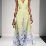 Light Blue Floral Chiffon V Neck Sleeveless A-Line Maxi Dress