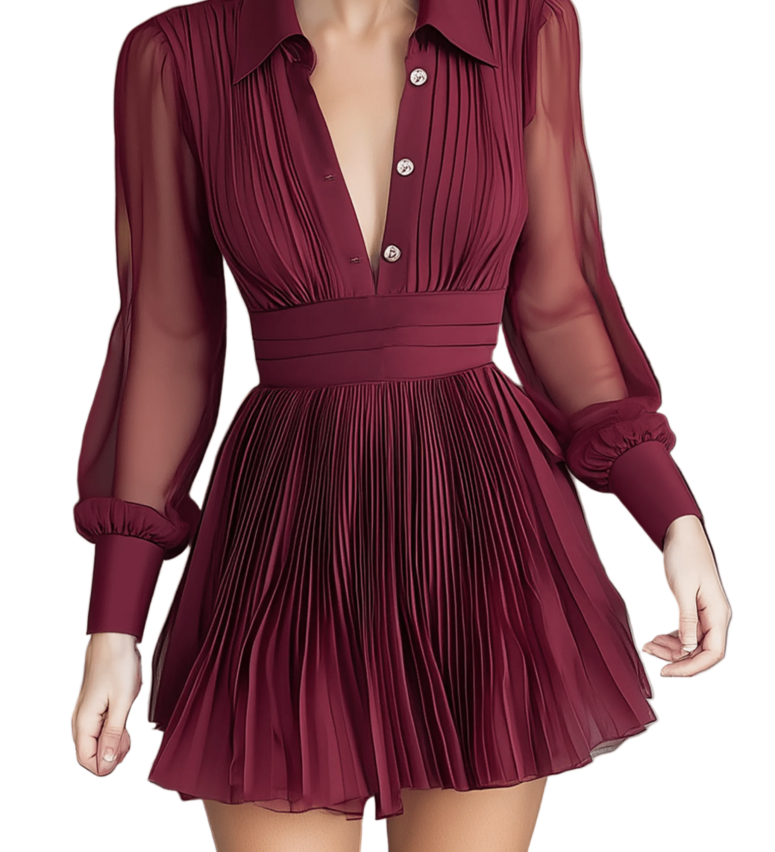 VESTIDO MINI CAMISERO DE CHIFÓN BURDEOS CON EFECTO TRANSPARENTE - VALERINA MARBELLA