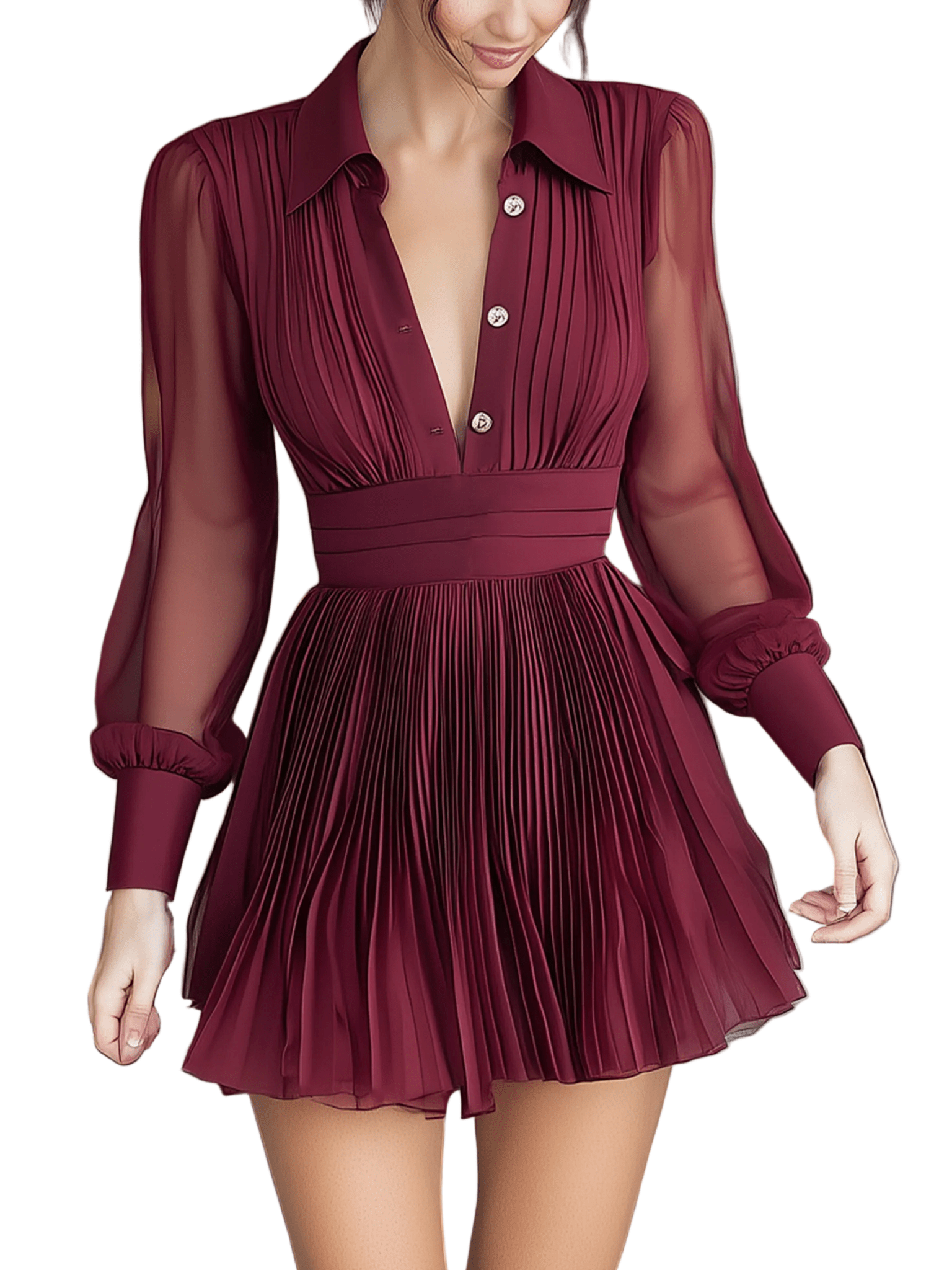 VESTIDO MINI CAMISERO DE CHIFÓN BURDEOS CON EFECTO TRANSPARENTE - VALERINA MARBELLA