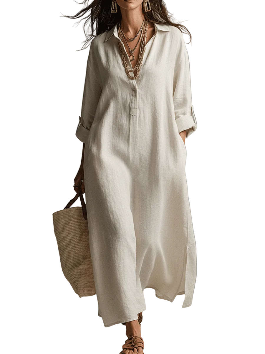 Vintage Lightweight Linen Maxi Shirt Dress In Natural Cream