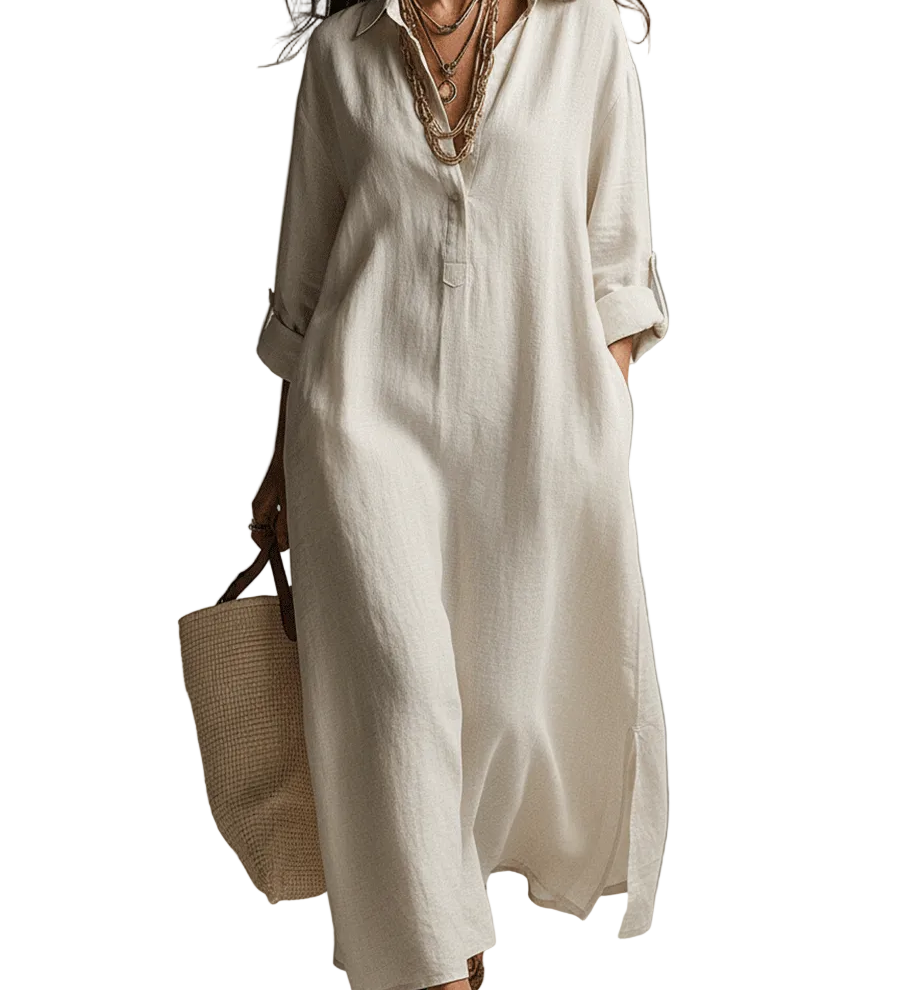 Vintage Lightweight Linen Maxi Shirt Dress In Natural Cream