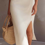 Off-the-shoulder Split-hem Cotton Linen Midi Dress