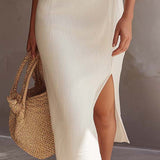 Off-the-shoulder Split-hem Cotton Linen Midi Dress