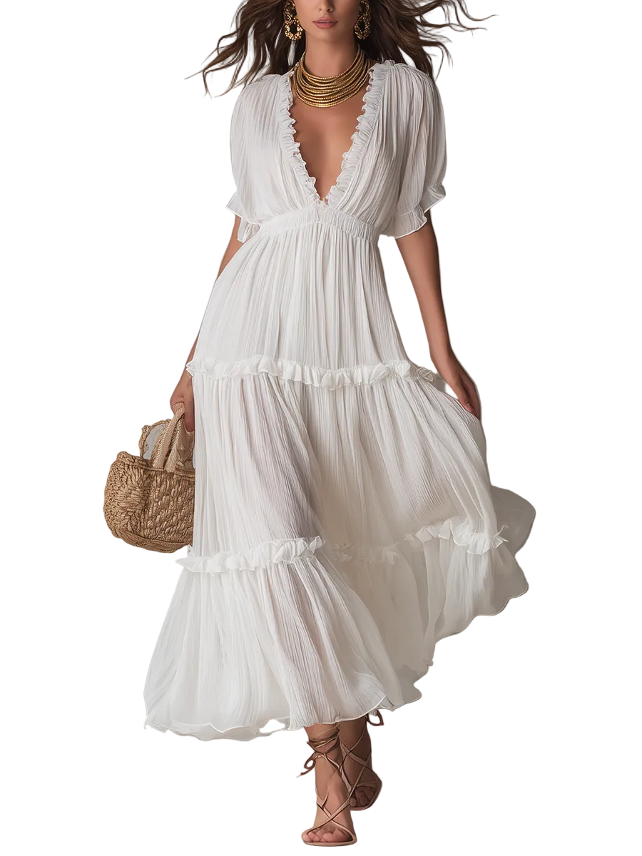 Graceful Pleated V-Neck Bohemian Maxi Dress