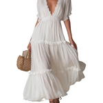 Graceful Pleated V-Neck Bohemian Maxi Dress