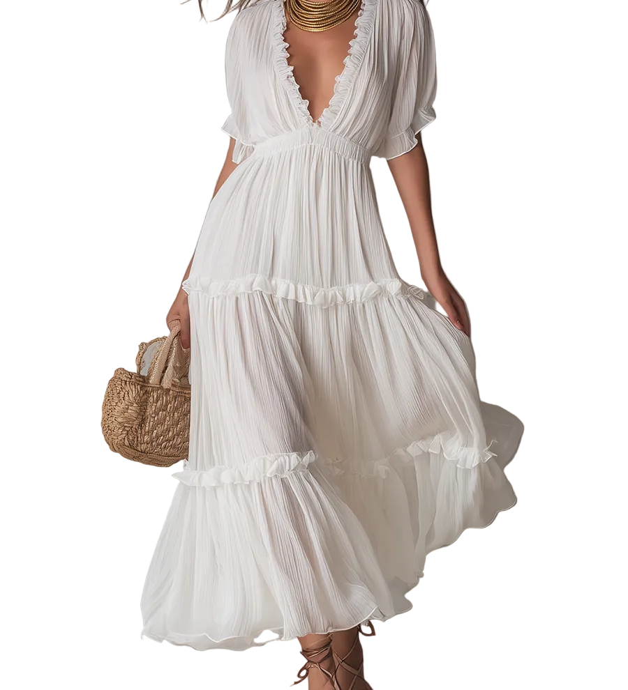 Graceful Pleated V-Neck Bohemian Maxi Dress