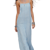 Minimalist Light Blue Striped Spaghetti Strap Long Dress