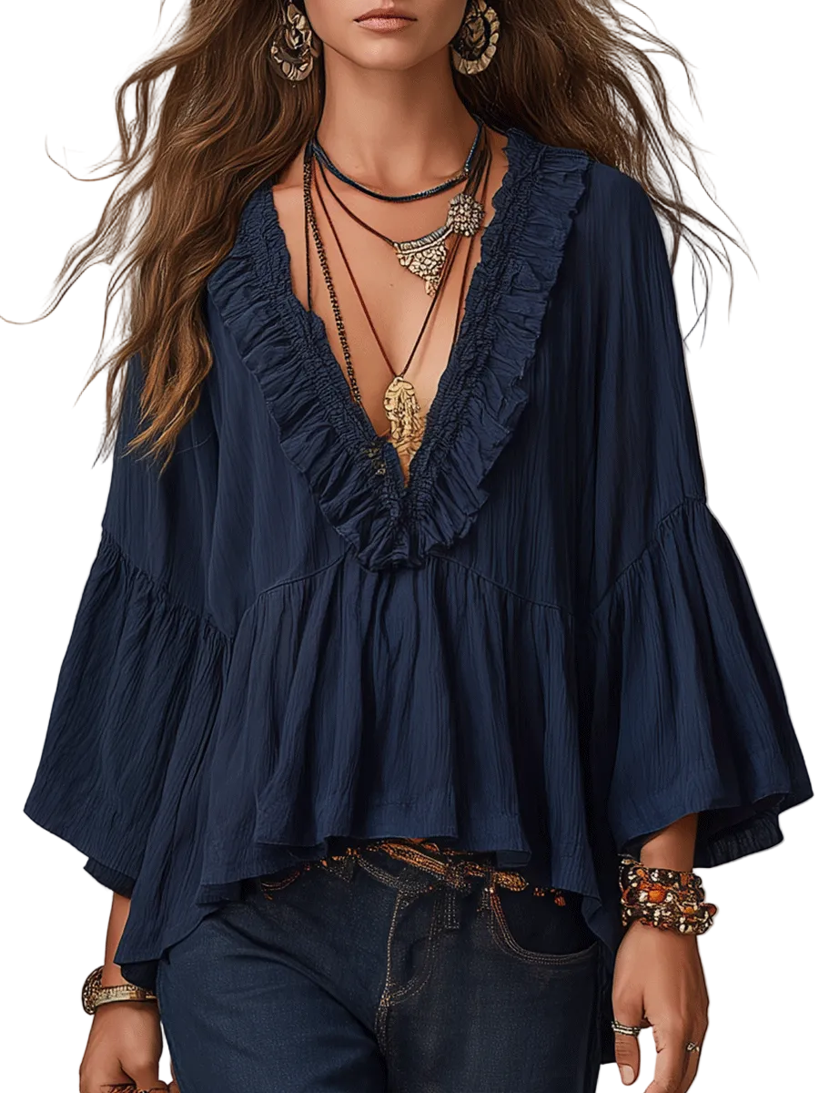 Effortless Deep Blue Ruffle Boho Blouse