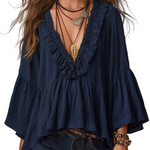 Effortless Deep Blue Ruffle Boho Blouse