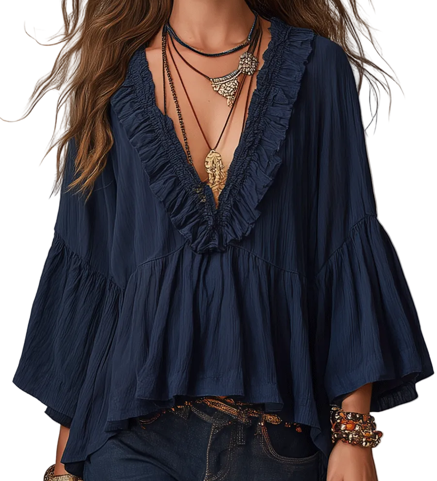 Effortless Deep Blue Ruffle Boho Blouse