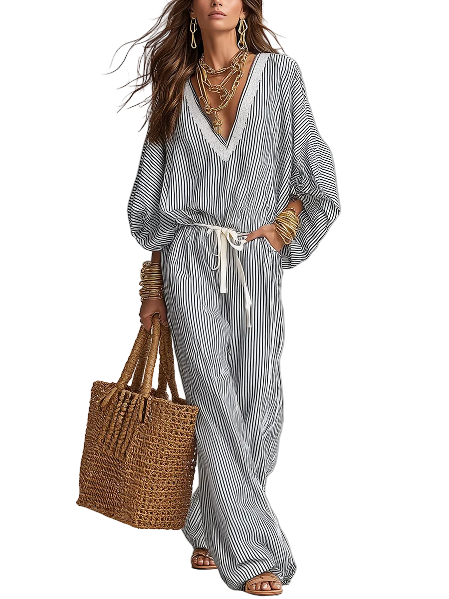 Relaxed Striped Flowing Two-Piece Set