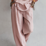 Casual Light Pink Linen Wide-leg Pants Set