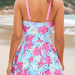 Plant-print Hollowed-out U-shaped Metal-decorated Elastic One-piece Swimsuit