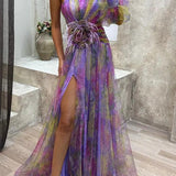 Picturesque Beauty Tulle Floral Pleated One Shoulder Sleeve Slit Maxi Dress