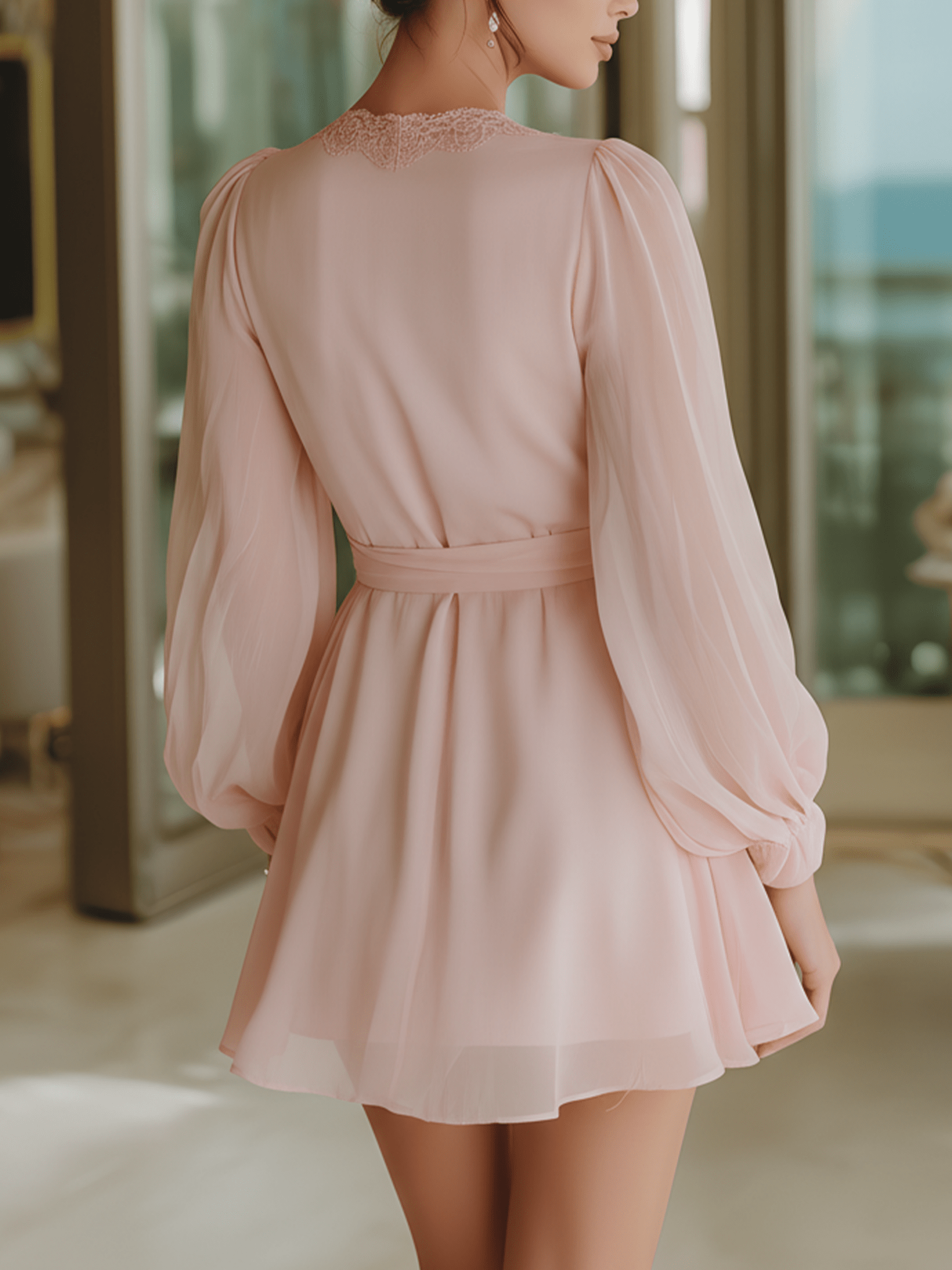 VESTIDO MINI DE GASA ROSA BLUSH CON DETALLES DE ENCAJE - VALERINA MARBELLA
