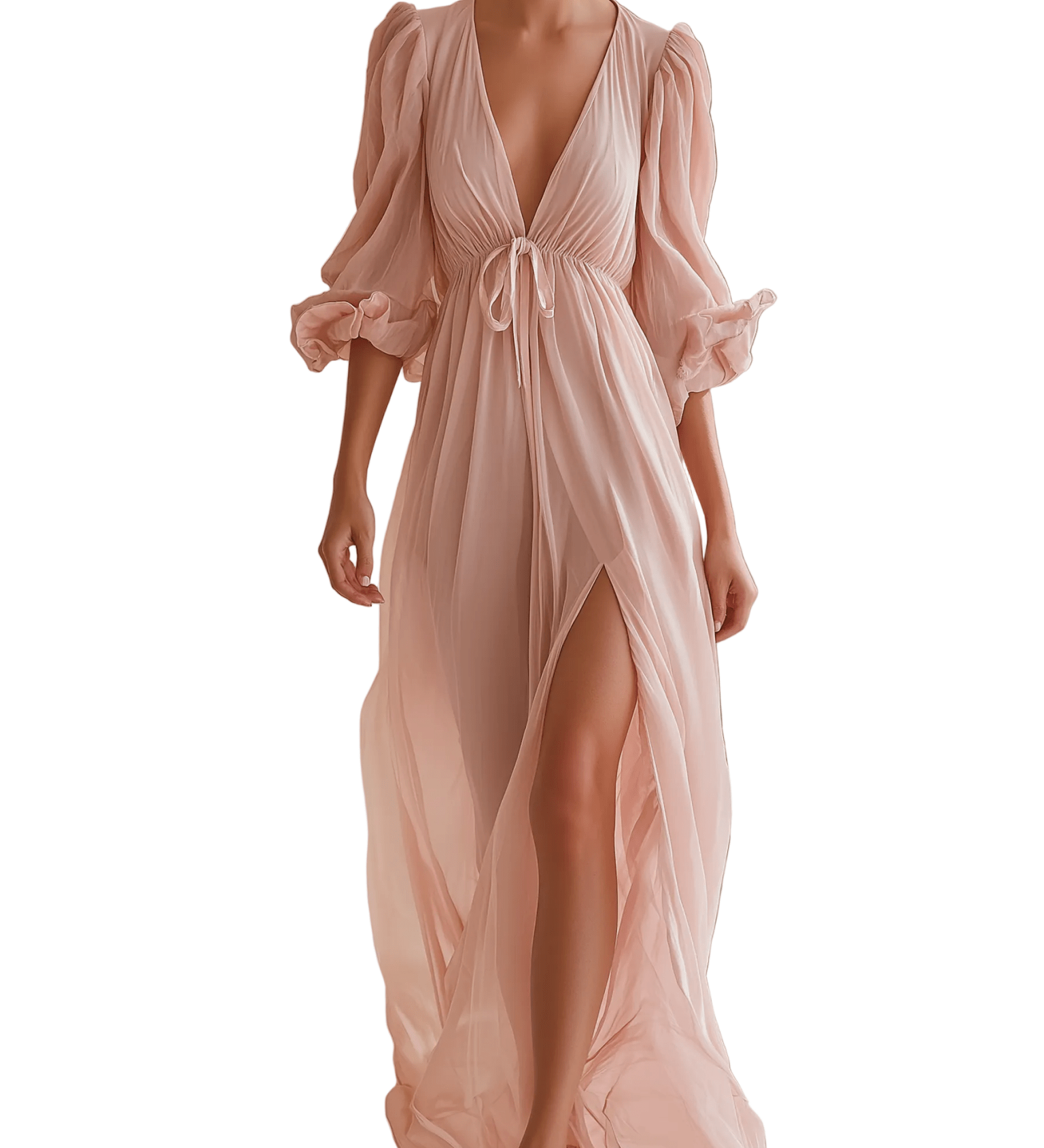 VESTIDO LARGO DE GASA ROSA EMPOLVADO CON ESCOTE EN V - VALERINA MARBELLA