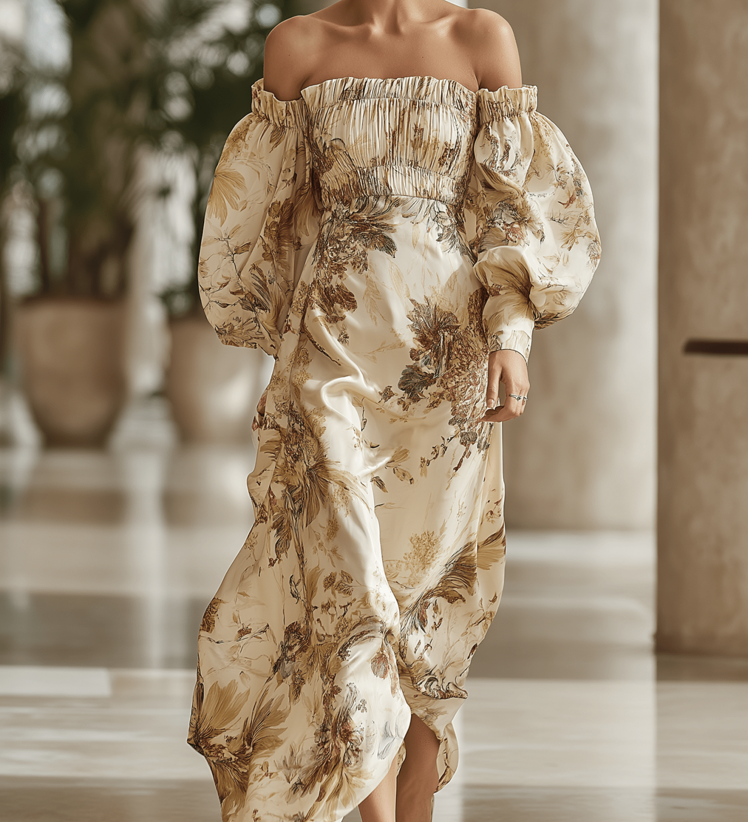 VESTIDO LARGO DE SATÉN FLORAL VINTAGE CON HOMBROS DESCUBIERTOS - VALERINA MARBELLA