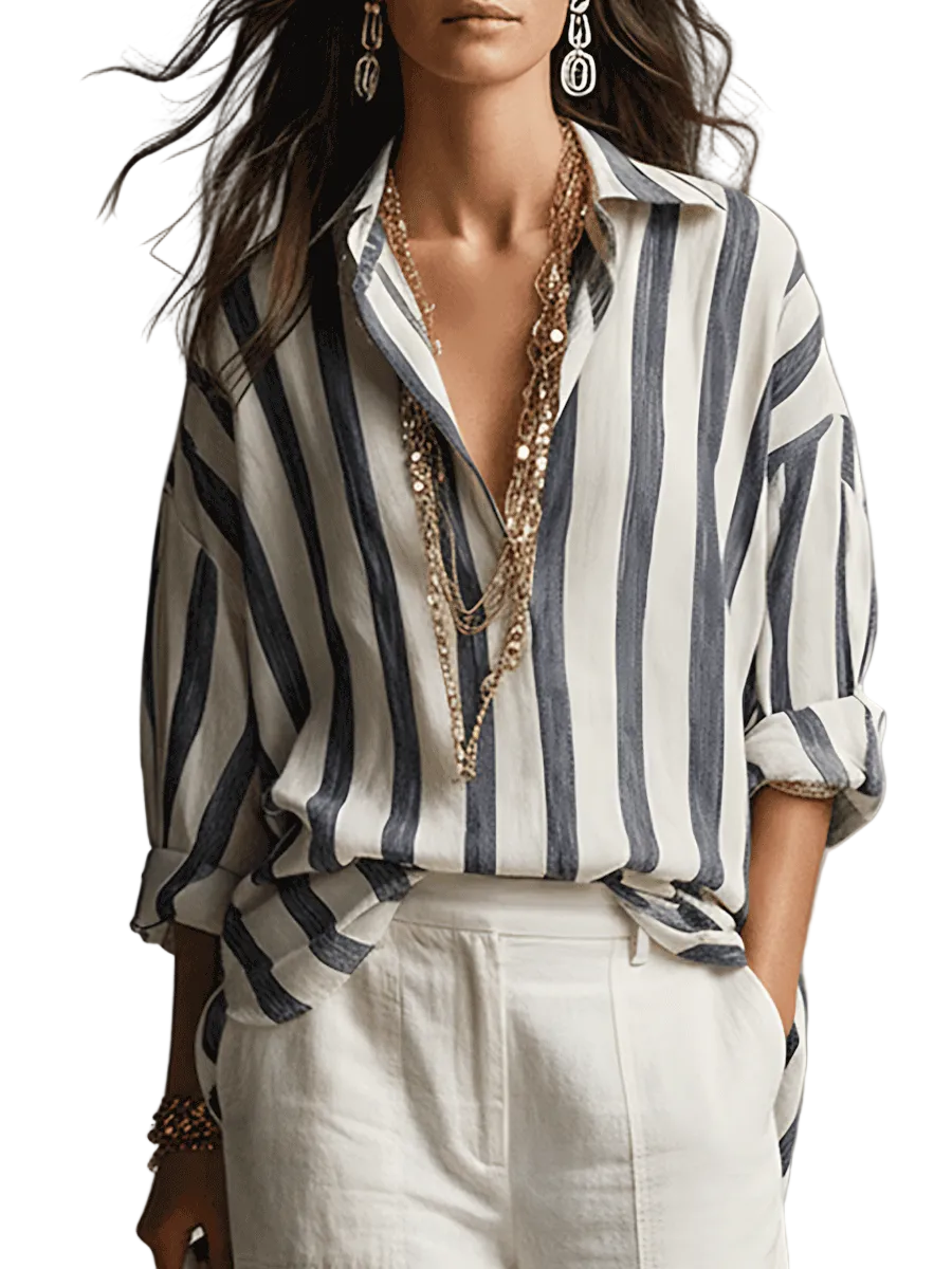 Casual Striped Cotton And Linen Long-Sleeved Shirt