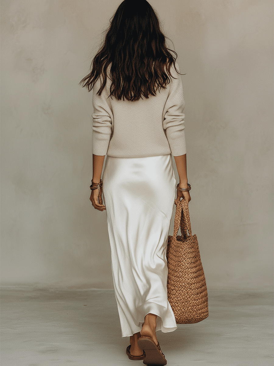 CONJUNTO MIDI IVORY DE PUNTO Y SATÉN CON ESTILO ELEGANTE - VALERINA MARBELLA