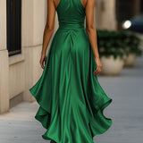 Midnight Elegance Satin Halter Ruffle Gown
