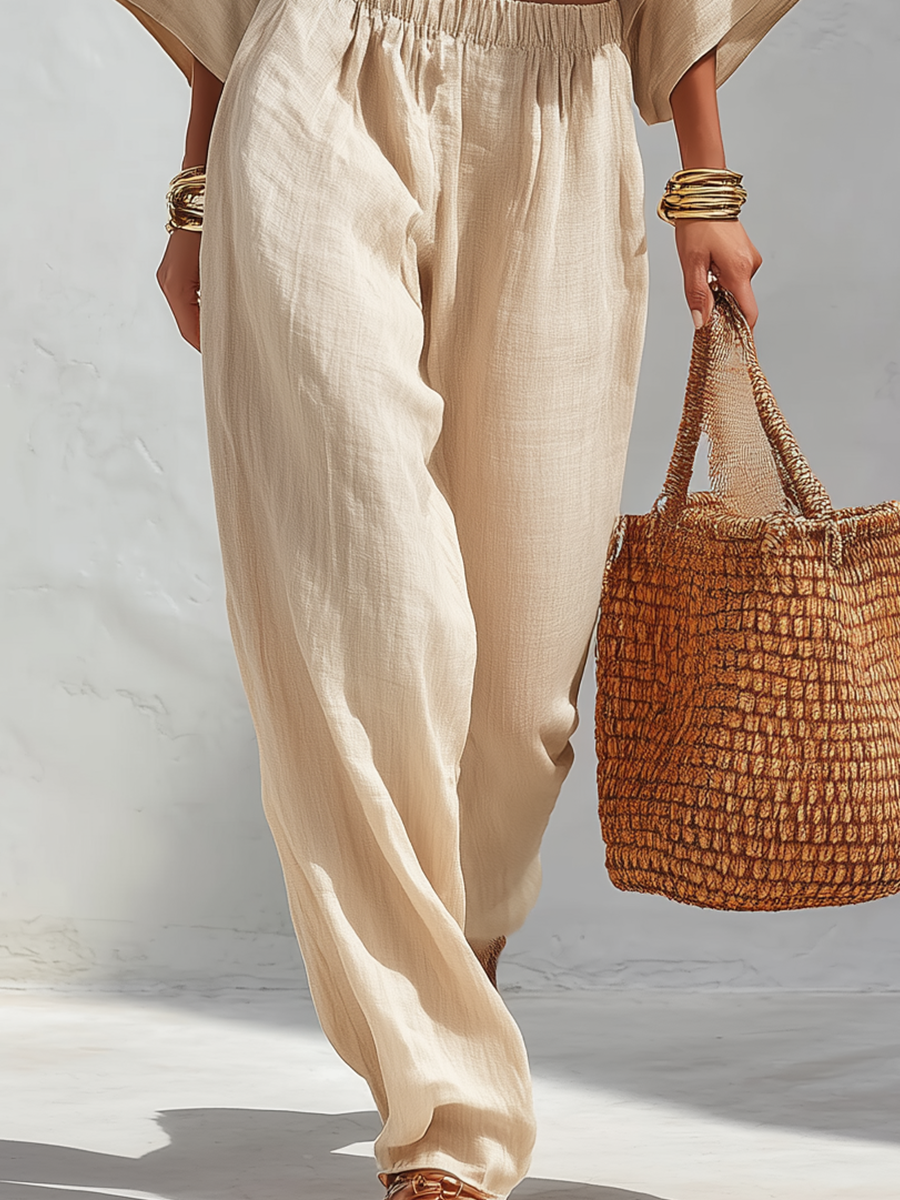 Effortless Beige Linen Cropped Top & Relaxed Pants Set