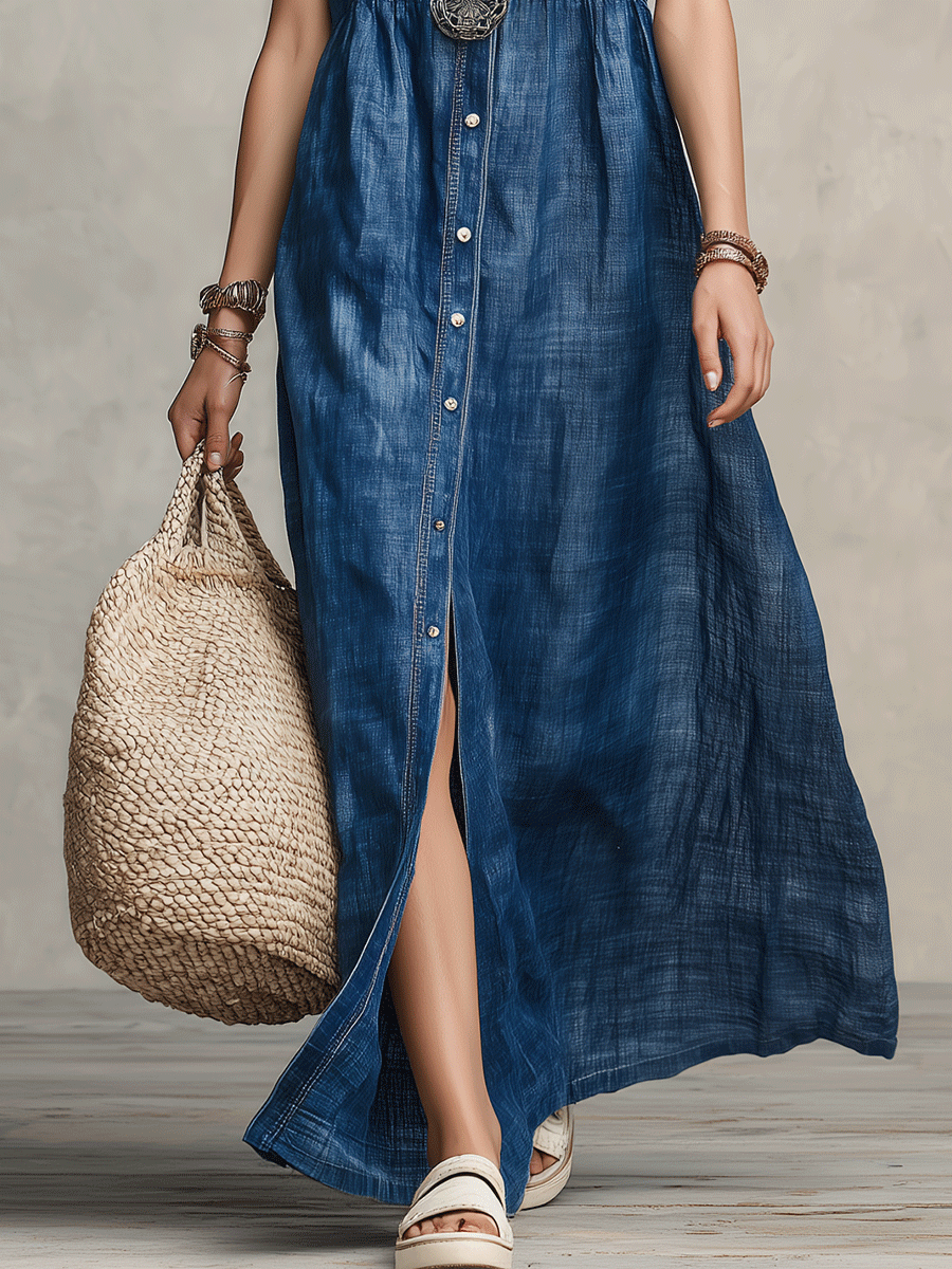 Washed Indigo Button-Front Bohemian Maxi Dress