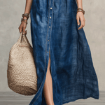 Washed Indigo Button-Front Bohemian Maxi Dress