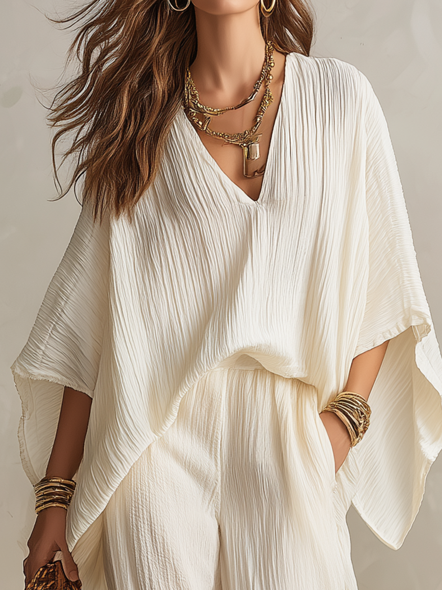 Relaxed Cream Textured V-Neck Batwing Sleeve & Wide-Leg Trouser Co-ord Set